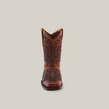 The Yennis Brick Square Toe cowboy boot, made from premium leather with intricate embroidery, is displayed against a plain white background. This boot features a square toe and classic Western style, showcasing a perfect blend of craftsmanship and elegance.