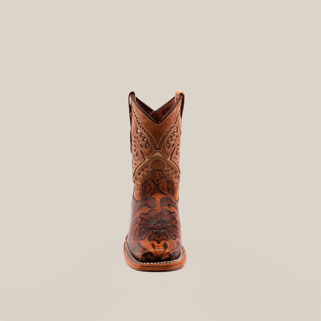 Front view of a single Handtooled Leave Orix Square Toe cowboy boot in brown cowhide leather, featuring intricate stitching and floral patterns, set against a plain white background.