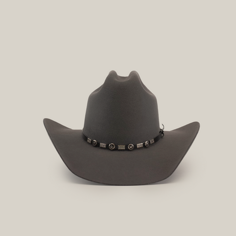 The 6X Leandro Oxford, a premium sheeps wool cowboy hat with a wide brim and decorative band adorned with metal conchos, is elegantly displayed against a plain white background.