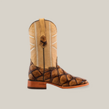 A single Big Bass Pirarucu Print Rough Orix - Square Toe cowboy boot features a brown textured leather lower, a tan upper with intricate stitching, and a wooden heel on a white background.