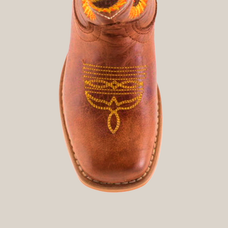 Top view of a brown leather Sunflowers Tabaco - Square Toe boot featuring intricate yellow embroidery on the toe, highlighting superior craftsmanship. Made from premium leather and set against a plain white background.