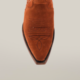 A close-up of the toe of a Caroly Brick Suede boot, tall shaft and snip-toed, highlights its intricate stitching design. This premium leather cowboy boot is set against a plain white background.