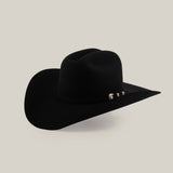 The 100X Tony Lama Black cowboy hat, made from premium beaver fur, exudes Western elegance with its wide brim and a decorative band featuring silver accents, all set against a plain white background.