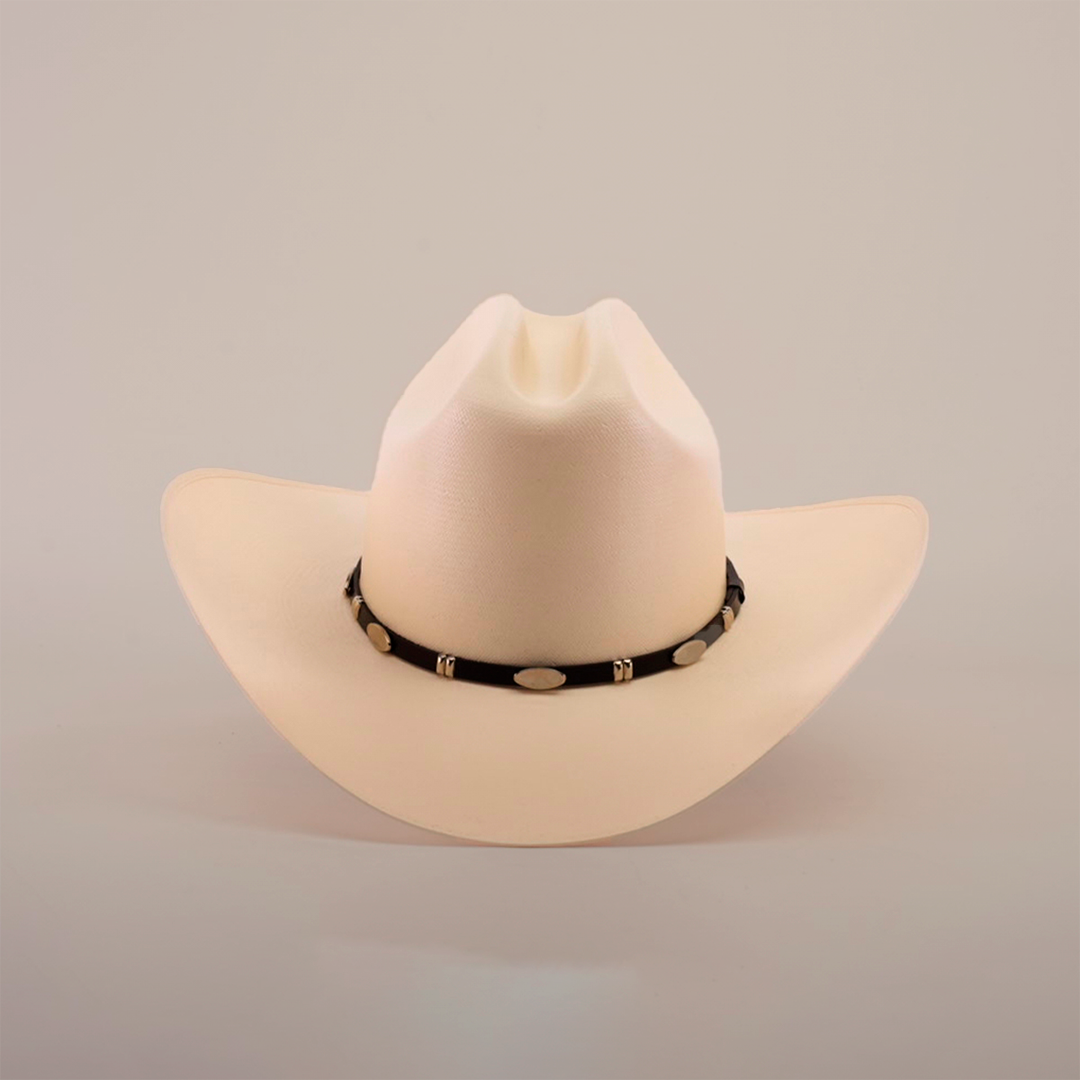 The 5000x Sinaloa Straw Hat, in cream, exudes elegance with its wide brim and a black hatband adorned with oval decorative elements, highlighting fine craftsmanship against a plain white background.