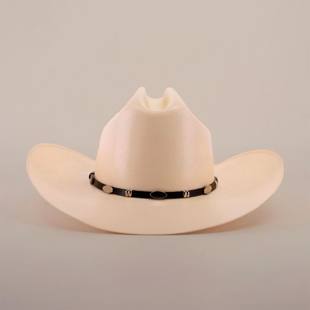 The 5000x Sinaloa Straw Hat is a beige cowboy hat featuring a black band with metal accents. Its high crown and wide brim highlight exceptional craftsmanship, set against a plain white background.