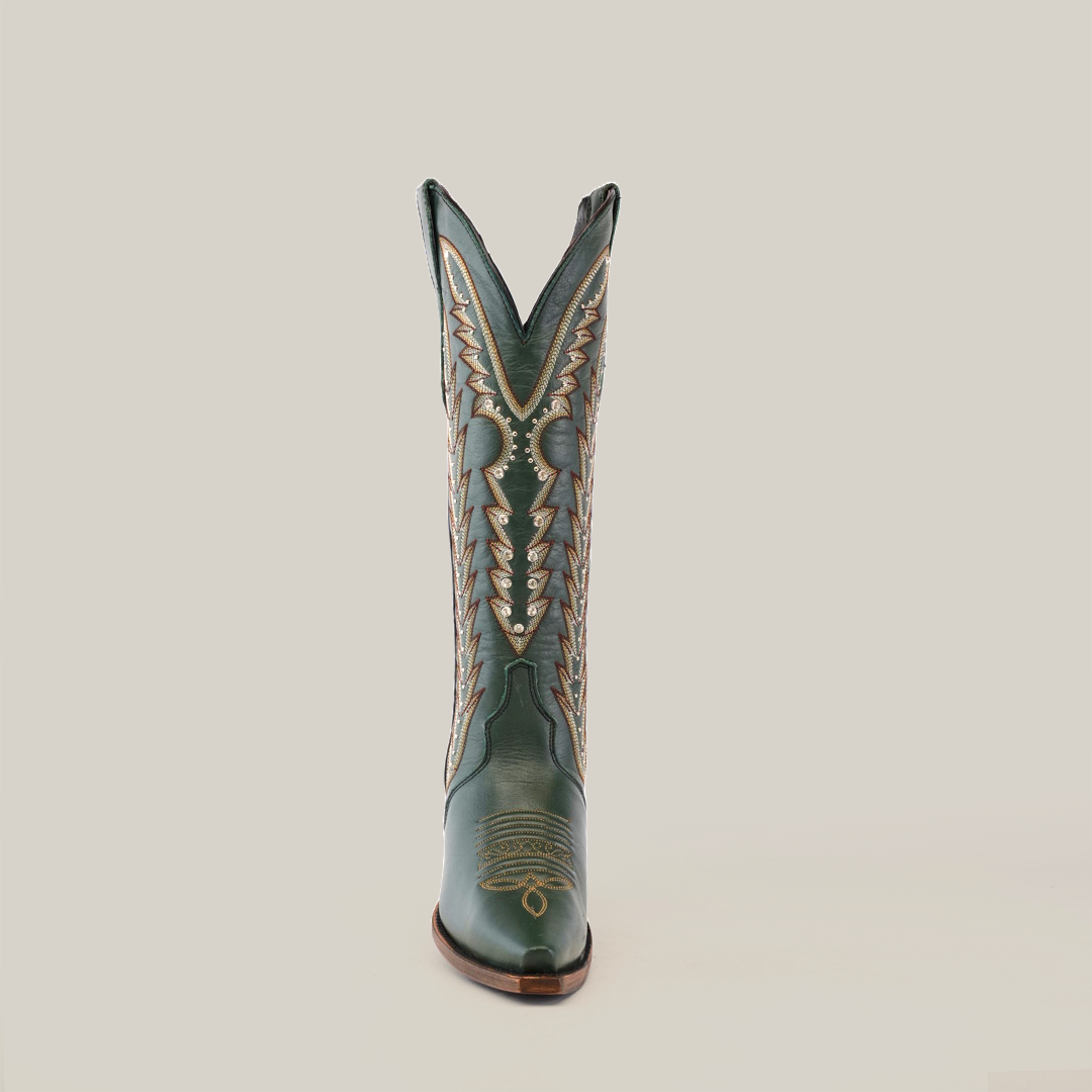 The Madona Forest Green boot is a handcrafted single cowboy boot made from premium leather, featuring a snip toe and tall shaft with intricate lighter color decorative patterns for a stylish, traditional look.