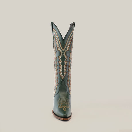 The Madona Forest Green boot is a handcrafted single cowboy boot made from premium leather, featuring a snip toe and tall shaft with intricate lighter color decorative patterns for a stylish, traditional look.