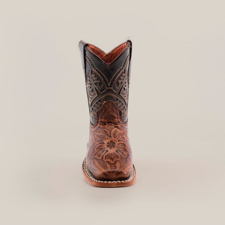 Front view of the Handtooled Leave Brown Square Toe boot, crafted from premium cowhide leather with intricate floral embroidery and decorative stitching in Western style, set against a plain white background.