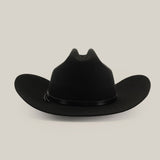 The 6X Sinaloa Black is a felt cowboy hat with a wide brim and sleek design, accentuated by a thin, glossy band around the crown. It captures Western heritage flawlessly and is set against a plain white background.