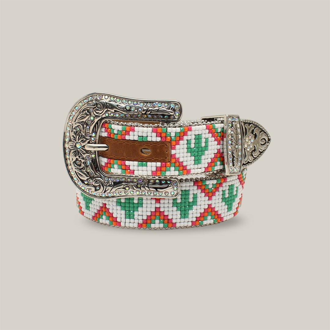 The Angel Ranch Western Girl Belt, Youth Cactus Beaded Multicolored (D130000297), features colorful geometric patterns with red, green, white, and orange beads. Its large silver buckle is intricately engraved with floral designs, embodying the spirit of young cowgirls.