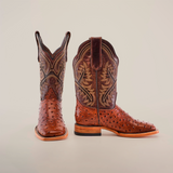 The Karoo Ostrich Print Chocolate Square Toe cowboy boots, crafted from premium leather with intricate shaft stitching, stand upright against a white background, highlighting their textured leather and classic western style.