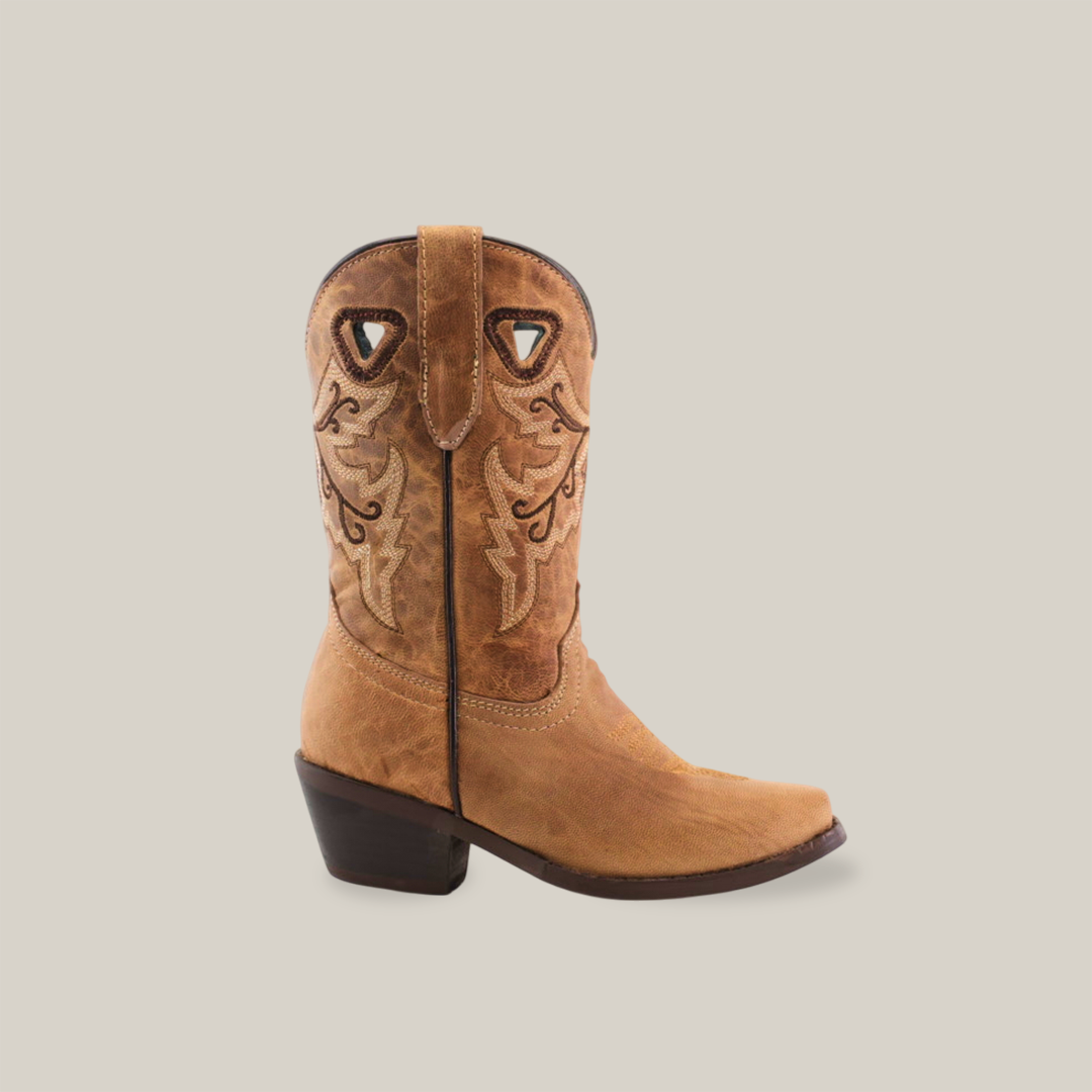 The Matcat Fawn - Snip Toe cowboy boot, crafted from tan leather with intricate embroidery, is showcased against a plain white background. It features a pointed toe and a moderately high heel.