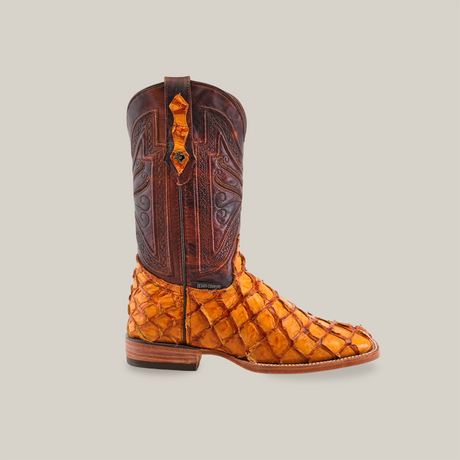 The Exotic Piraruco Fish - Brandy Square Toe boot features a textured orange pirarucu leather foot and a dark brown upper with intricate stitching. It has a brown sole, pull strap, and is showcased against a neutral background.