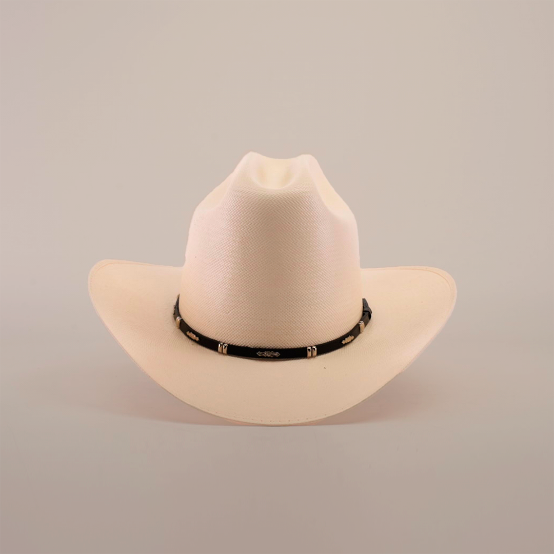 The 500X Dos Carnales Straw Hat, featuring a white design with a black band and small silver accents, showcases style and resilience against a plain white background.