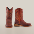 The Cheyenne Shedron Square Toe boots are crafted from genuine brown cowhide leather, featuring intricate embroidery on the shafts. They have a rounded toe and a stacked heel, elegantly displayed against a plain white background.