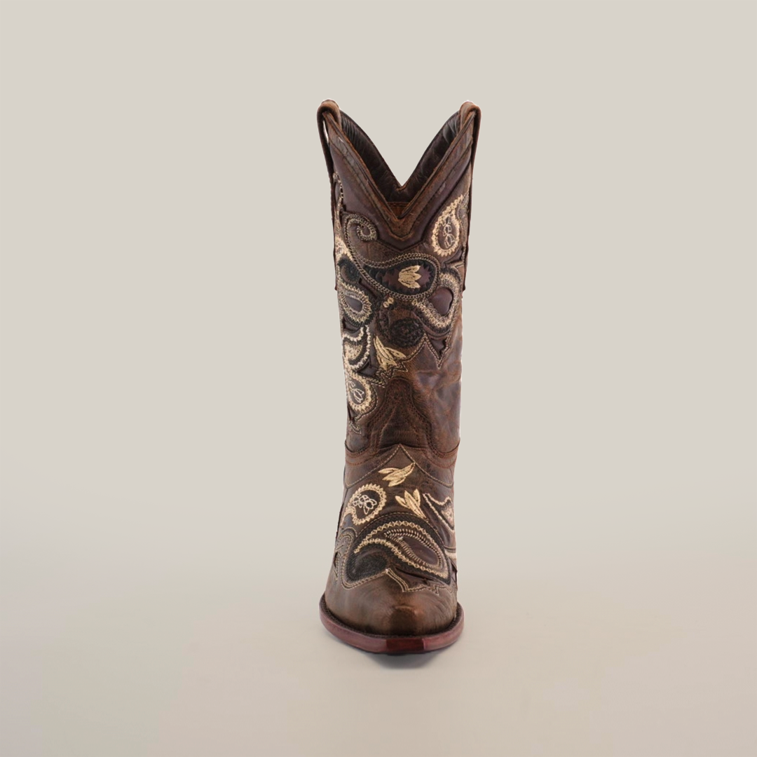 The Etnia Tabaco - Short Shaft - Snip Toe boots flaunt top-notch leather craftsmanship with intricate swirling embroidery in brown and beige. These womens snip toe boots are set against a plain white background, emphasizing their artistic design and meticulous attention to detail.