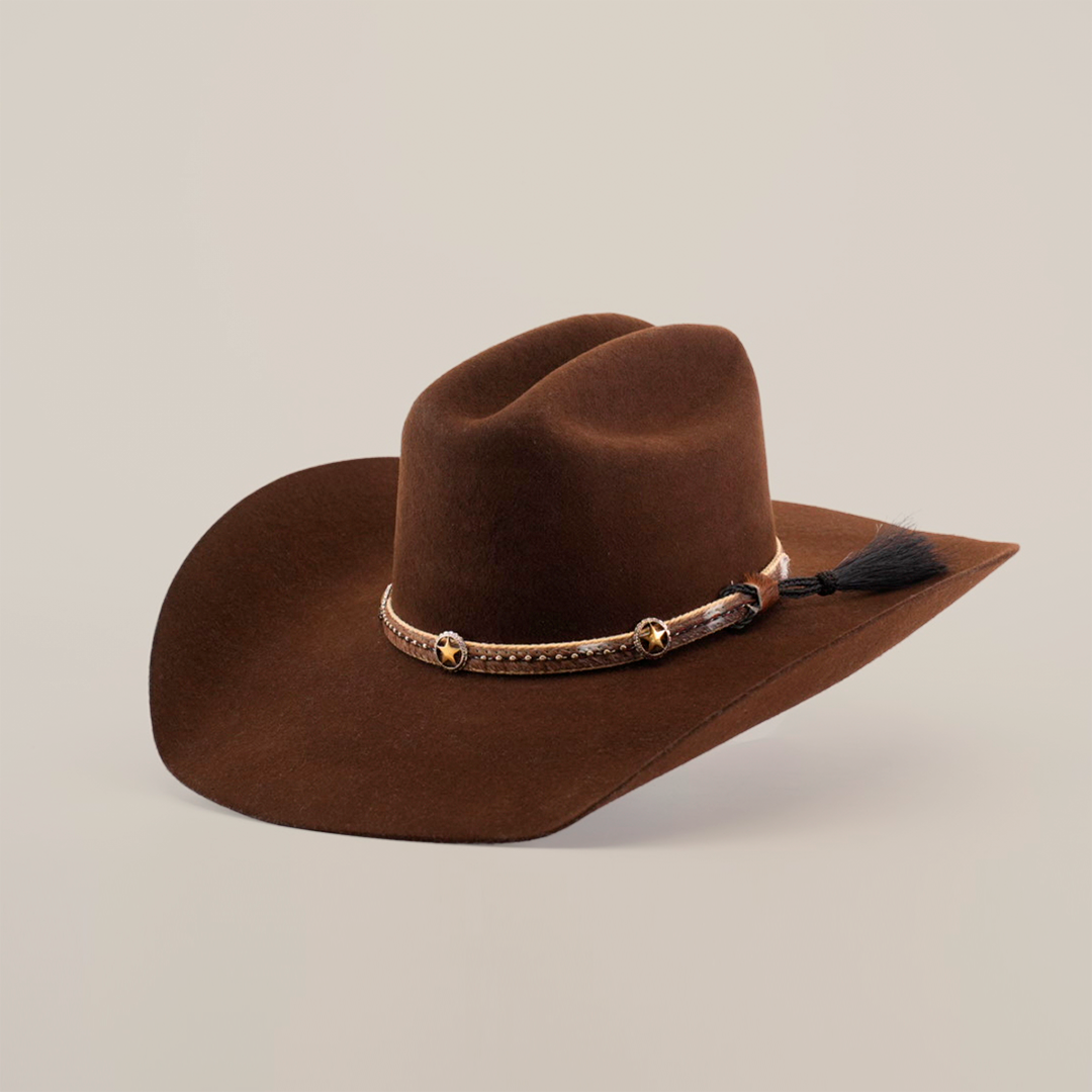 The 6X Doble SS Brown is a premium sheeps wool cowboy hat featuring a wide brim, decorative star-shaped band, and small tassel, capturing the essence of Western style against a plain white background.