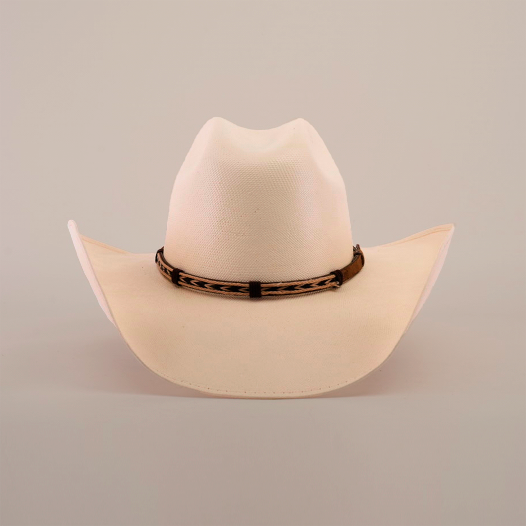 The 5000x Chihuahua Straw Hat, crafted with exquisite craftsmanship, is cream-colored with a curved brim and features a brown leather band with a woven design, beautifully displayed against a plain white background.