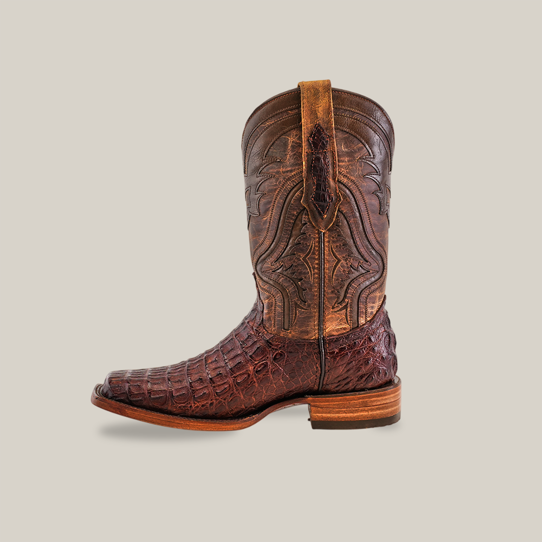 A single Exotic Caiman Hornback boot in brown, with its intricate stitching, rests on a white background. This Rodeo Toe boot, crafted from luxurious Caiman leather, features hornback details and a pull strap at the top, exuding rugged elegance.