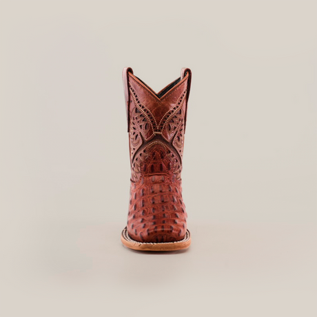 Front view of the Caiman Hornback Print Cogñac Square Toe boot with intricate stitching and textured leather, positioned upright against a plain white background.