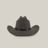 The 6X Leandro Oxford is a premium sheeps wool cowboy hat in elegant gray, featuring a curved brim and sleek black band around the crown, beautifully set against a plain white background.