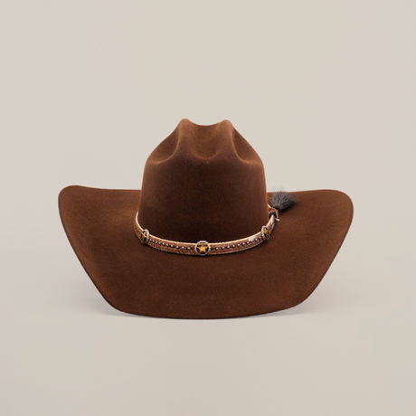 The 6X Doble SS Brown cowboy hat, made from premium sheeps wool, features a wide brim and decorative band with a star emblem, representing classic Western style on a plain white background.