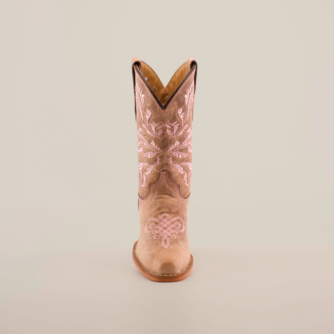 The Bellere Fawn - Snip Toe boot, crafted from premium cowhide leather, is a single tan cowboy boot featuring intricate white embroidery. It stands upright on a plain white background, highlighting its classic western design with a slightly pointed toe and low heel.