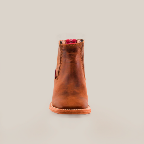 The handcrafted Avejentado Honey Square Toe ankle boots are genuine leather with visible stitching, a round toe, and a touch of patterned lining. Photographed from the front against a white backdrop, they blend style and durability.