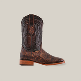 The product Gator Print Rustic Brown - Square Toe features a rustic brown leather cowboy boot with detailed gator print stitching and a smooth wooden heel, displayed against a plain white background.