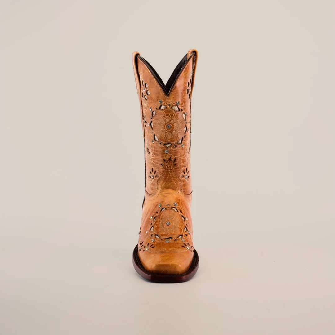 A tan Mayan Flower Crystals Orix boot with intricate floral embroidery on a white background, handcrafted with a narrow square toe and short shaft.