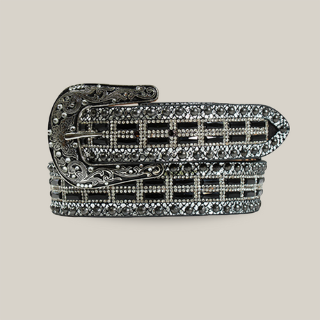 Experience Western elegance with the Nocona Western Womens Leather Belt in Metallic Lizard Black, featuring intricate silver embellishments, a decorative buckle, square designs with sparkling details, and exquisite leather work for an ornate and stylish appearance.