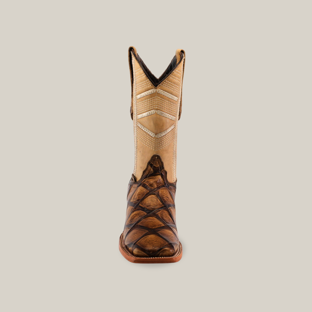 A single Big Bass Pirarucu Print Rough Orix Square Toe cowboy boot in tan and brown, featuring a Pirarucu print on the lower half and decorative stitching on the upper shaft. Crafted from premium cowhide, it is elegantly displayed on a white background.