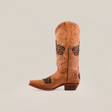 The Rosal Fawn Mid Shaft boot exhibits handcrafted elegance in premium brown leather, featuring intricate floral embroidery with dark rose designs. It has a snip toe and stacked heel, all set against a plain white background.