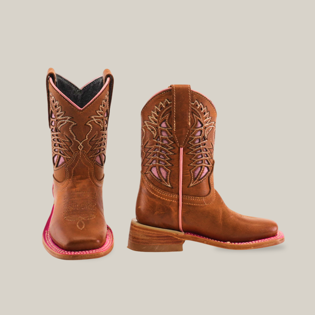 The Dube Tan Pink Outline - Square Toe boots showcase expert craftsmanship with brown premium leather, pink embroidery, pink soles, mid-calf height, and detailed stitching, making them a standout against the plain white background.