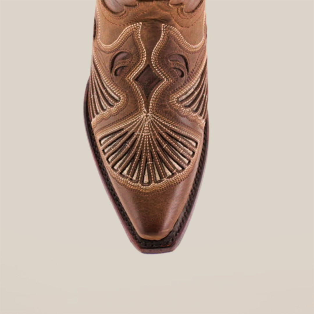 The Shan Camel - Short Shaft - Snip Toe boots, made from premium brown leather, showcase intricate toe stitching and embroidery, embodying Western footwears essence against a simple white backdrop.