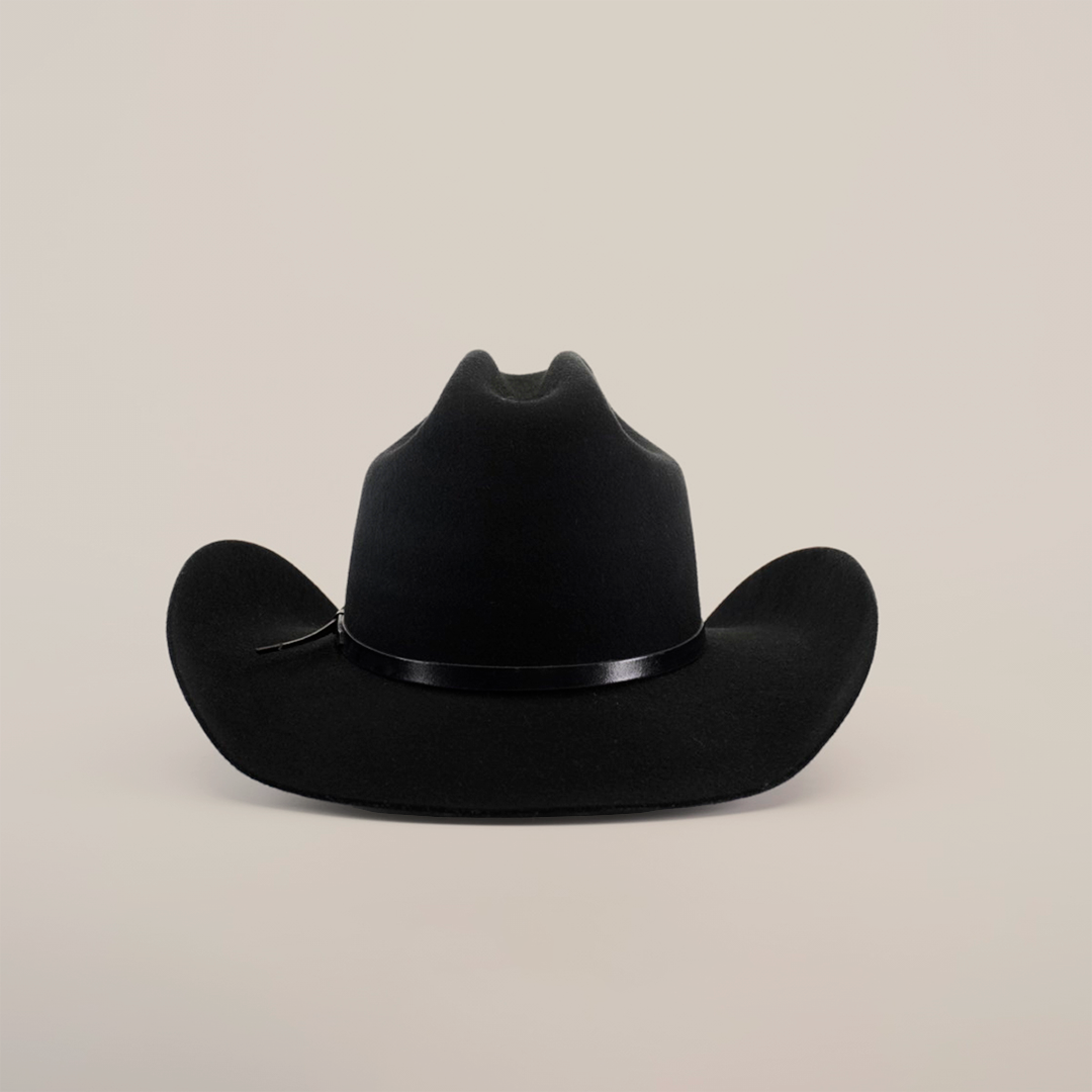 The 6X Leandro Black is a luxurious cowboy hat crafted from sheeps wool, featuring a wide brim and slightly curved shape. It rests elegantly on a plain white background, adorned with a thin black band around the crown.