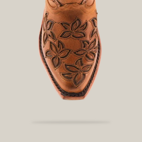 Top view of the Cosala Honey - Snip Toe cowboy boot, made from genuine brown leather with intricate floral stitching on the toe cap. This design perfectly embodies a traditional western look with detailed craftsmanship throughout.