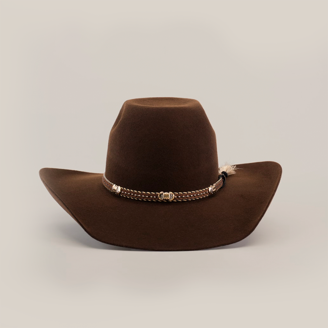 The 6X Brazil Brown is a premium wide-brimmed cowboy hat made from top-quality brown felt, featuring a decorative band with a braided design and small gold accents, displayed on a plain white background.