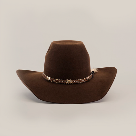 The 6X Brazil Brown is a premium wide-brimmed cowboy hat made from top-quality brown felt, featuring a decorative band with a braided design and small gold accents, displayed on a plain white background.