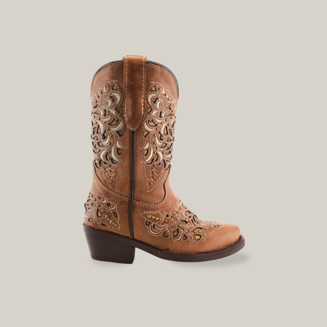 The Kiara Crystals Fawn - Snip Toe is a single brown cowboy boot crafted from premium leather, featuring intricate embroidery and decorative patterns on the shaft and foot. It has a low heel, snip toe, and pull tab at the top, gleaming subtly against the plain white background.