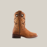 The Matcat Fawn - Square Toe is a single brown cowboy boot crafted from premium leather, showcasing decorative stitching and pull straps. Viewed from the side on a white background, it features expert craftsmanship with a sturdy heel and slightly rounded toe.