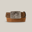 The 3D Western Boys Belt Youth Leather Roughout Weave Bullrider Brown (D120004044) features a decorative silver buckle with an intricate floral design and embossed figure. Its textured border adds Western charm, coiled neatly on a light background to showcase classic leather accessory appeal.