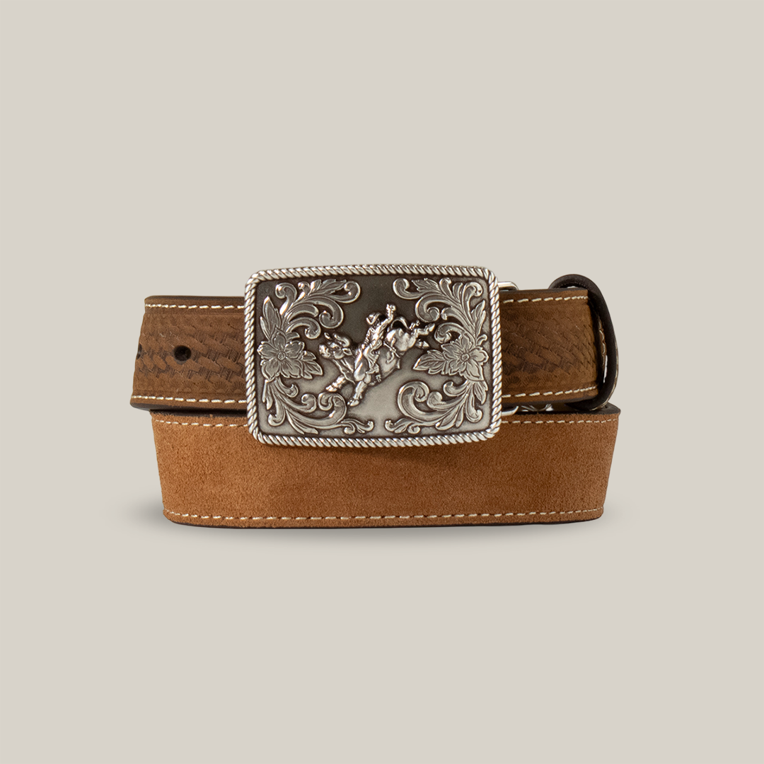 The 3D Western Boys Belt Youth Leather Roughout Weave Bullrider Brown (D120004044) features a decorative silver buckle with an intricate floral design and embossed figure. Its textured border adds Western charm, coiled neatly on a light background to showcase classic leather accessory appeal.