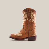 The Martey Crystals Sahara - Snip Toe cowboy boot is brown with intricate white embroidery. It features Martey Crystals accentuating floral patterns, has a snip toe design, low heel, and a convenient side pull tab.