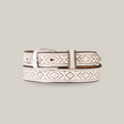 The Ariat Western Womens Belt in Leather Southwest Embossed White (A1565905) features a stylish geometric pattern with diamond shapes in white and brown, paired with a polished metallic buckle. This elegant piece showcases exquisite leather designs rolled up against a white background.