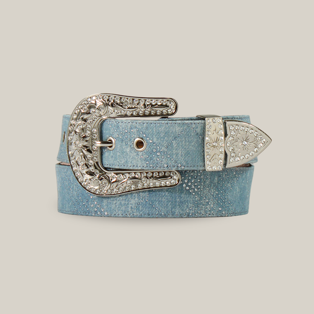 The Angel Ranch Western Womens Belt (Leather Clear Crystals Denim D140008320) exudes elegance with its large silver rhinestone-studded buckle and intricate floral designs. Rolled up, it beautifully displays the sparkling details that make it a standout piece in womens belts.