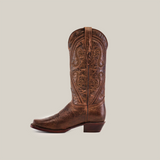 The Piola Tabaco, a brown leather cowboy boot with intricate stitching, a mid shaft, and a narrow square toe, is showcased on a plain white background.