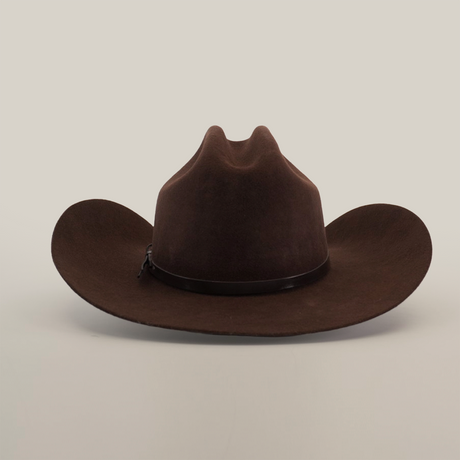 The 6X Country Brown cowboy hat, made from premium sheep wool, features a wide brim and slightly indented crown. A black band accents its base, exuding Western classic charm. The hat is elegantly set against a plain white background.