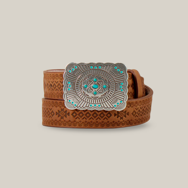 The Angel Ranch Western Girls Belt (D130003802) features intricate geometric patterns on brown leather, with a large silver buckle adorned with turquoise stones. This Southwest-inspired accessory, perfect for young cowgirls, is showcased against a plain beige background.