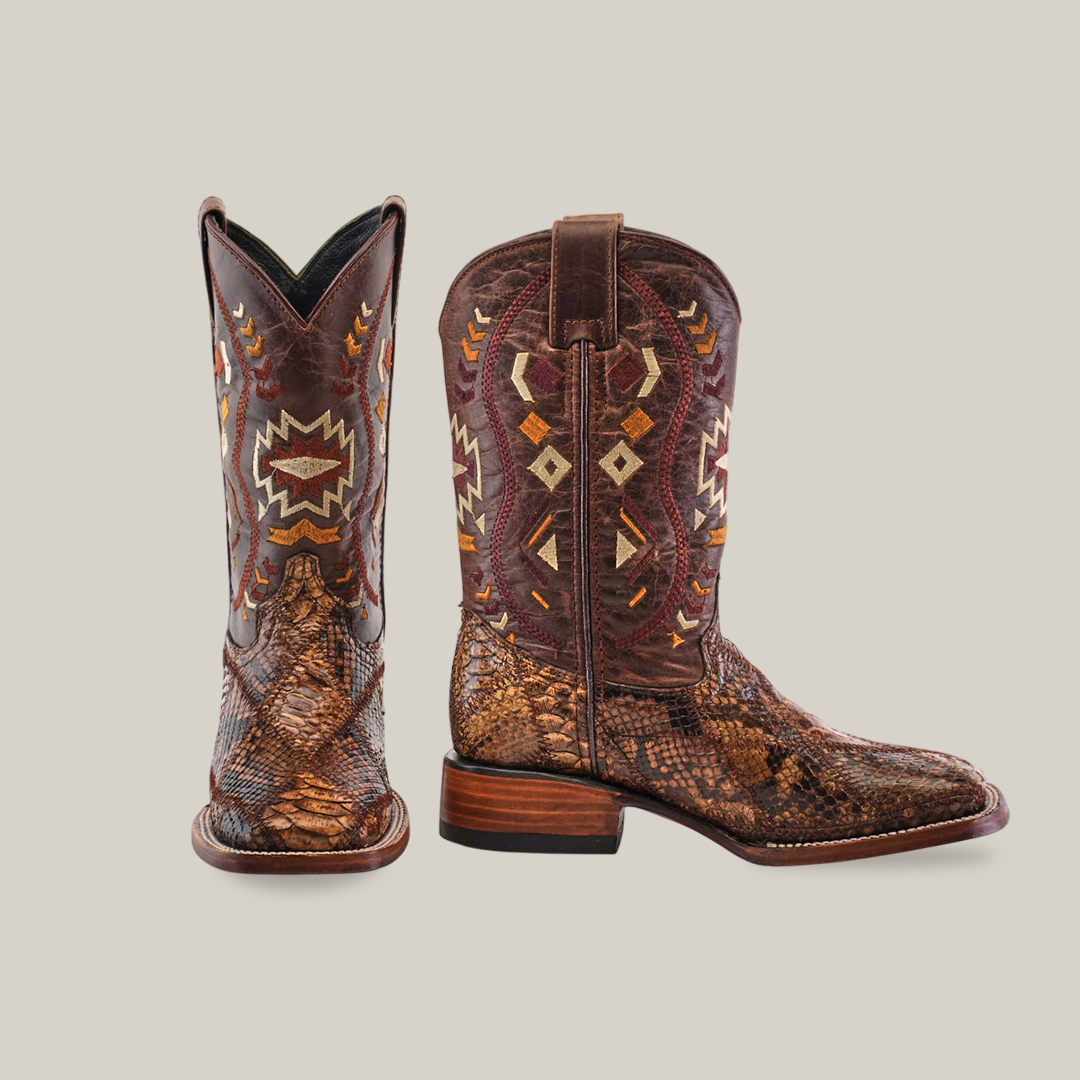 The Exotic Python Patchwork Brown Square Toe cowboy boots showcase snakeskin-like patterns with brown, reddish, and yellow geometric accents. Featuring a medium brown heel, sturdy sole, and square toe on a white background, they combine style and durability.